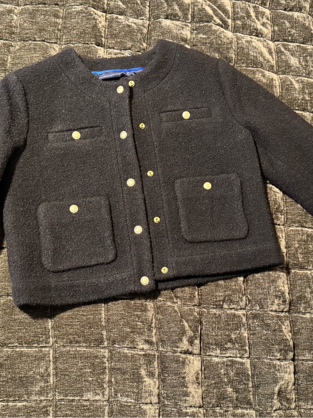 J. Crew Collection Black Bouclé Cropped Jacket with Gold Buttons